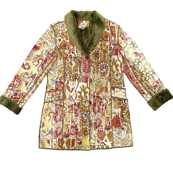 Chico's Jackets & Blazers - CHICO'S Sage Green Paisley Faux Shearling Suede Jacket Coat Sz 1 Medium 8 10